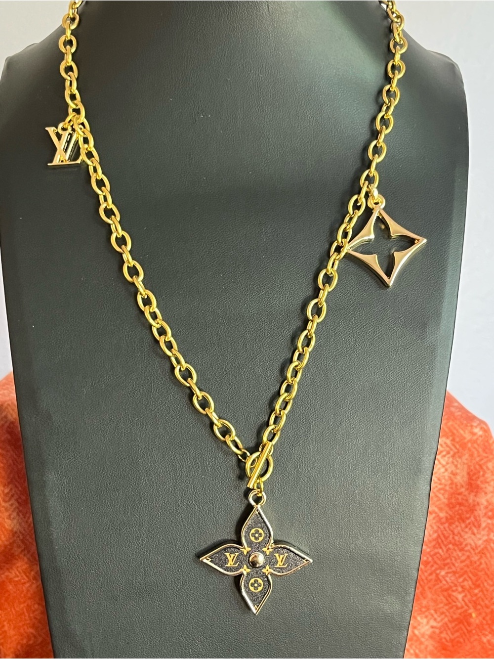 Gold & Brown Monogram-Style Pendant Necklace w/Toggle Closure